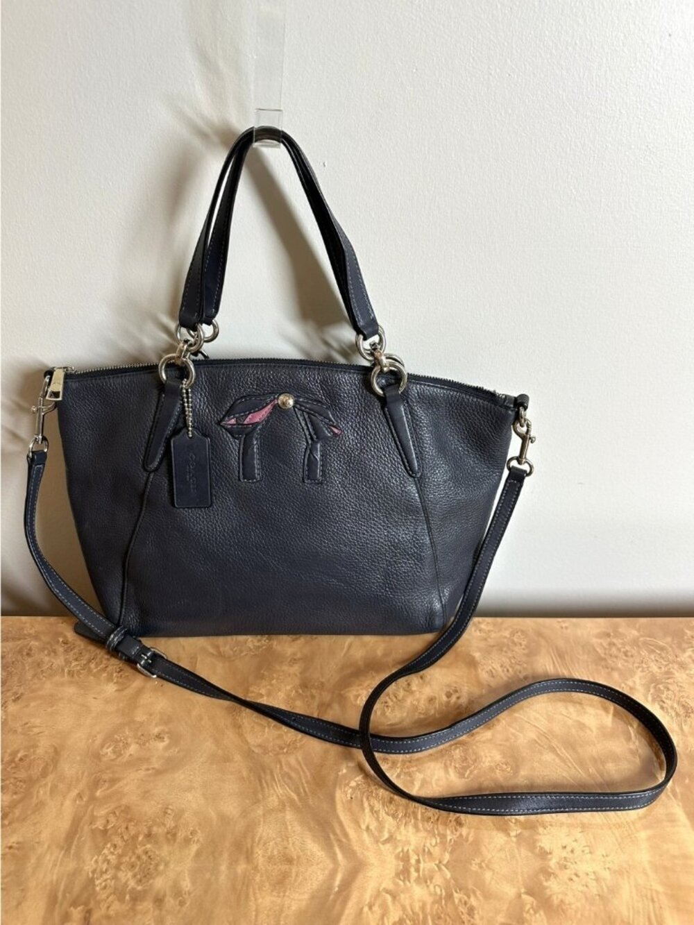 Coach Black Pebbled Leather Bow Detail Carryall Satchel Crossbody Bag F28839